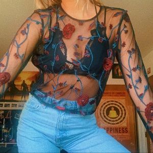 Floral Embroidered Mesh Top